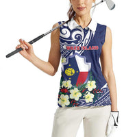 Personalised Wake Island Women Sleeveless Polo Shirt Tribal Pattern With Hibiscus Flowers