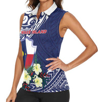 Personalised Wake Island Women Sleeveless Polo Shirt Tribal Pattern With Hibiscus Flowers