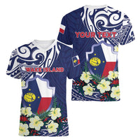 Personalised Wake Island Women V-Neck T-Shirt Tribal Pattern With Hibiscus Flowers LT05 - Polynesian Pride