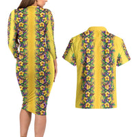 Aloha Hawaii Mardi Gras Couples Matching Long Sleeve Bodycon Dress and Hawaiian Shirt Gold Style