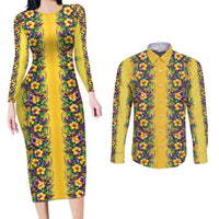 Aloha Hawaii Mardi Gras Couples Matching Long Sleeve Bodycon Dress and Long Sleeve Button Shirt Gold Style