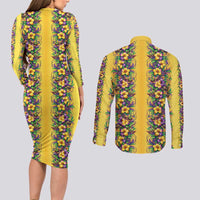 Aloha Hawaii Mardi Gras Couples Matching Long Sleeve Bodycon Dress and Long Sleeve Button Shirt Gold Style