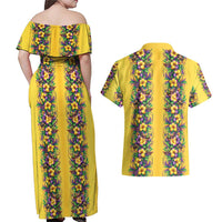 Aloha Hawaii Mardi Gras Couples Matching Off Shoulder Maxi Dress and Hawaiian Shirt Gold Style