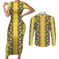 Aloha Hawaii Mardi Gras Couples Matching Short Sleeve Bodycon Dress and Long Sleeve Button Shirt Gold Style