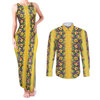 Aloha Hawaii Mardi Gras Couples Matching Tank Maxi Dress and Long Sleeve Button Shirt Gold Style
