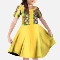 Aloha Hawaii Mardi Gras Family Matching Off Shoulder Short Dress and Hawaiian Shirt Gold Style