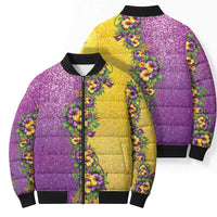 Hawaii Mardi Gras Bomber Puffer Jacket Plumeria Lei Beads Glitter Style