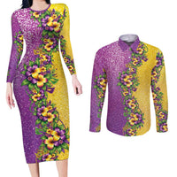 Hawaii Mardi Gras Couples Matching Long Sleeve Bodycon Dress and Long Sleeve Button Shirt Plumeria Lei Beads Glitter Style
