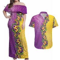 Hawaii Mardi Gras Couples Matching Off Shoulder Maxi Dress and Hawaiian Shirt Plumeria Lei Beads Glitter Style