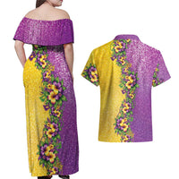 Hawaii Mardi Gras Couples Matching Off Shoulder Maxi Dress and Hawaiian Shirt Plumeria Lei Beads Glitter Style