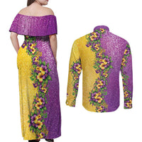 Hawaii Mardi Gras Couples Matching Off Shoulder Maxi Dress and Long Sleeve Button Shirt Plumeria Lei Beads Glitter Style