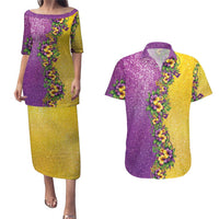 Hawaii Mardi Gras Couples Matching Puletasi and Hawaiian Shirt Plumeria Lei Beads Glitter Style