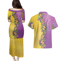 Hawaii Mardi Gras Couples Matching Puletasi and Hawaiian Shirt Plumeria Lei Beads Glitter Style