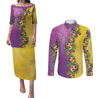 Hawaii Mardi Gras Couples Matching Puletasi and Long Sleeve Button Shirt Plumeria Lei Beads Glitter Style