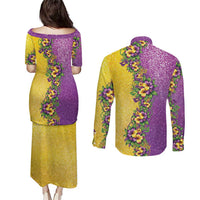 Hawaii Mardi Gras Couples Matching Puletasi and Long Sleeve Button Shirt Plumeria Lei Beads Glitter Style