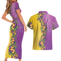 Hawaii Mardi Gras Couples Matching Short Sleeve Bodycon Dress and Hawaiian Shirt Plumeria Lei Beads Glitter Style