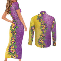 Hawaii Mardi Gras Couples Matching Short Sleeve Bodycon Dress and Long Sleeve Button Shirt Plumeria Lei Beads Glitter Style