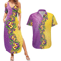Hawaii Mardi Gras Couples Matching Summer Maxi Dress and Hawaiian Shirt Plumeria Lei Beads Glitter Style
