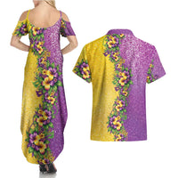 Hawaii Mardi Gras Couples Matching Summer Maxi Dress and Hawaiian Shirt Plumeria Lei Beads Glitter Style