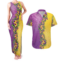 Hawaii Mardi Gras Couples Matching Tank Maxi Dress and Hawaiian Shirt Plumeria Lei Beads Glitter Style