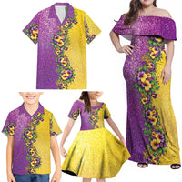 Hawaii Mardi Gras Family Matching Off Shoulder Maxi Dress and Hawaiian Shirt Plumeria Lei Beads Glitter Style