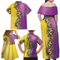 Hawaii Mardi Gras Family Matching Off Shoulder Maxi Dress and Hawaiian Shirt Plumeria Lei Beads Glitter Style