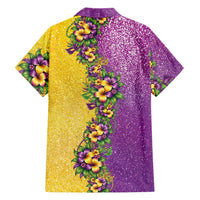 Hawaii Mardi Gras Family Matching Off Shoulder Maxi Dress and Hawaiian Shirt Plumeria Lei Beads Glitter Style