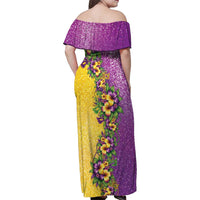 Hawaii Mardi Gras Family Matching Off Shoulder Maxi Dress and Hawaiian Shirt Plumeria Lei Beads Glitter Style