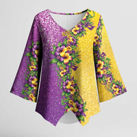 Hawaii Mardi Gras Kimono Sleeve Blouse Plumeria Lei Beads Glitter Style