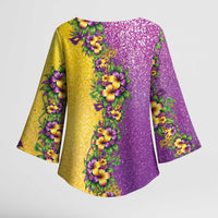 Hawaii Mardi Gras Kimono Sleeve Blouse Plumeria Lei Beads Glitter Style