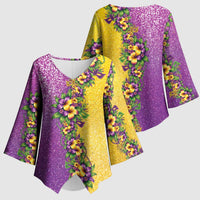 Hawaii Mardi Gras Kimono Sleeve Blouse Plumeria Lei Beads Glitter Style