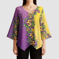 Hawaii Mardi Gras Kimono Sleeve Blouse Plumeria Lei Beads Glitter Style
