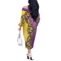 Hawaii Mardi Gras Off The Shoulder Long Sleeve Dress Plumeria Lei Beads Glitter Style