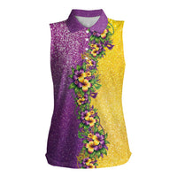 Hawaii Mardi Gras Women Sleeveless Polo Shirt Plumeria Lei Beads Glitter Style