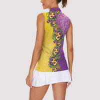 Hawaii Mardi Gras Women Sleeveless Polo Shirt Plumeria Lei Beads Glitter Style