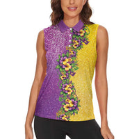 Hawaii Mardi Gras Women Sleeveless Polo Shirt Plumeria Lei Beads Glitter Style
