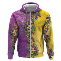 Hawaii Mardi Gras Zip Hoodie Plumeria Lei Beads Glitter Style