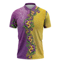 Hawaii Mardi Gras Zipper Polo Shirt Plumeria Lei Beads Glitter Style