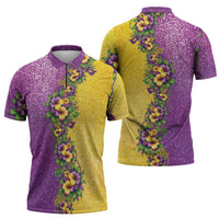 Hawaii Mardi Gras Zipper Polo Shirt Plumeria Lei Beads Glitter Style