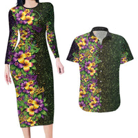 Hawaii Mardi Gras Couples Matching Long Sleeve Bodycon Dress and Hawaiian Shirt Tropical Flowers Glitter Style