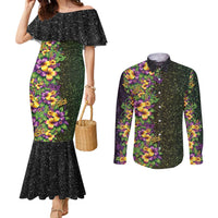 Hawaii Mardi Gras Couples Matching Mermaid Dress and Long Sleeve Button Shirt Tropical Flowers Glitter Style