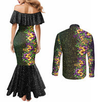 Hawaii Mardi Gras Couples Matching Mermaid Dress and Long Sleeve Button Shirt Tropical Flowers Glitter Style