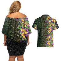Hawaii Mardi Gras Couples Matching Off Shoulder Short Dress and Hawaiian Shirt Tropical Flowers Glitter Style