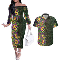 Hawaii Mardi Gras Couples Matching Off The Shoulder Long Sleeve Dress and Hawaiian Shirt Tropical Flowers Glitter Style
