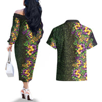 Hawaii Mardi Gras Couples Matching Off The Shoulder Long Sleeve Dress and Hawaiian Shirt Tropical Flowers Glitter Style