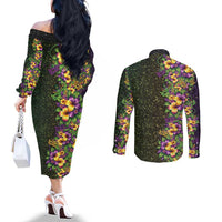 Hawaii Mardi Gras Couples Matching Off The Shoulder Long Sleeve Dress and Long Sleeve Button Shirt Tropical Flowers Glitter Style