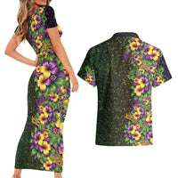 Hawaii Mardi Gras Couples Matching Short Sleeve Bodycon Dress and Hawaiian Shirt Tropical Flowers Glitter Style