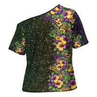 Hawaii Mardi Gras Cross Shoulder Shirt Tropical Flowers Glitter Style
