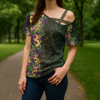 Hawaii Mardi Gras Cross Shoulder Shirt Tropical Flowers Glitter Style