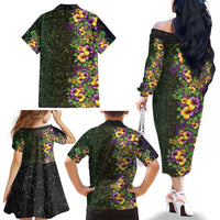Hawaii Mardi Gras Family Matching Off The Shoulder Long Sleeve Dress and Hawaiian Shirt Tropical Flowers Glitter Style
